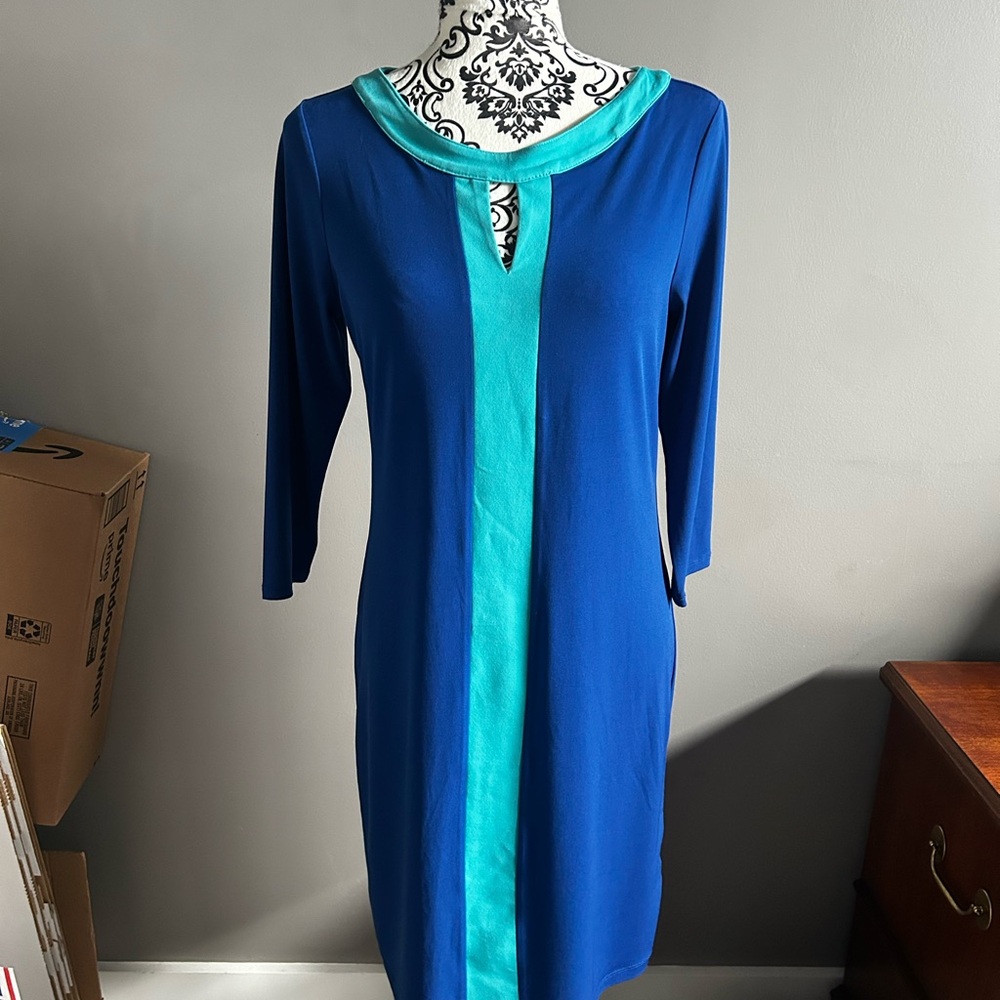 New York & Company Blue and Teal 3/4 Length Sleeve Dress